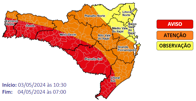 Alerta para chuva volumosa entre sexta-feira e sábado (4), em SC