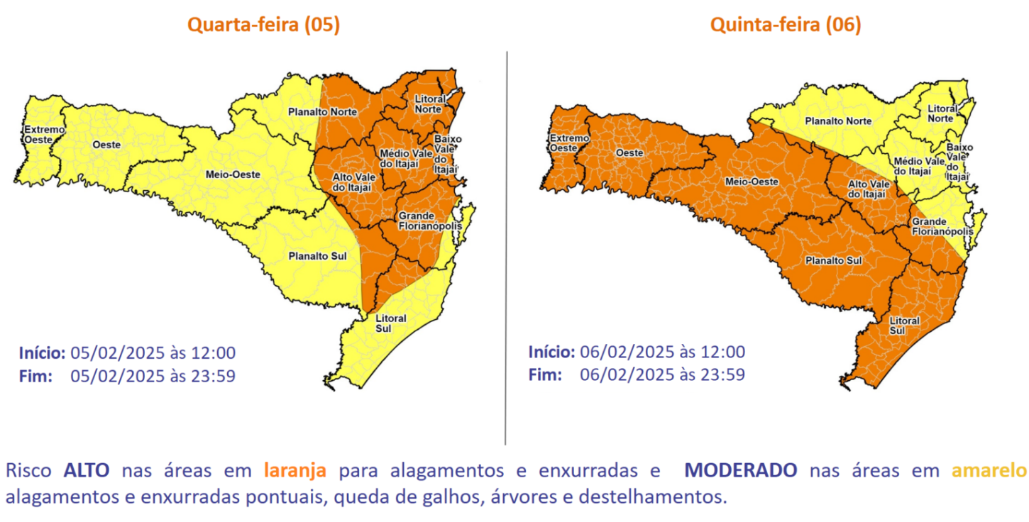 Defesa Civil alerta para temporais nesta quarta 05 e quinta 06 em SC