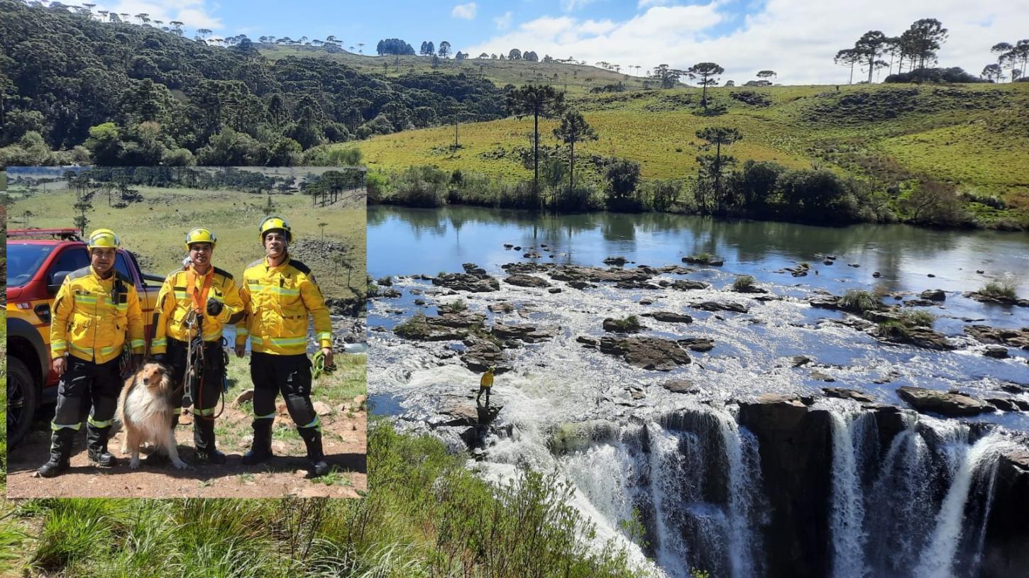 Bombeiros resgatam cão que caiu em cachoeira em Bom Jardim da Serra