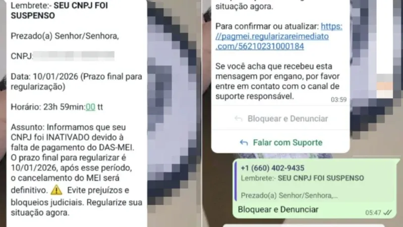 Golpes com mensagens sobre CNPJ suspenso