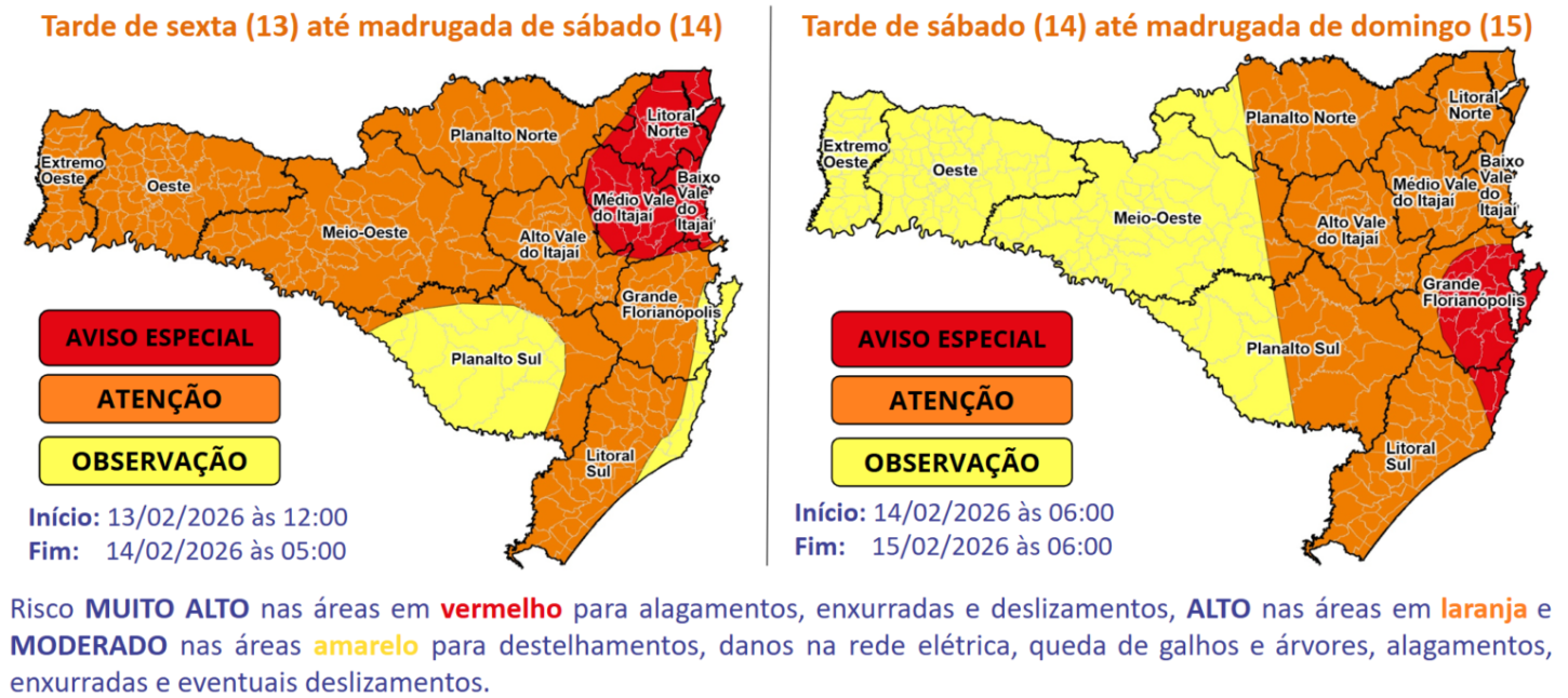Alerta de temporais entre sexta-feira 13 e domingo 15 em SC