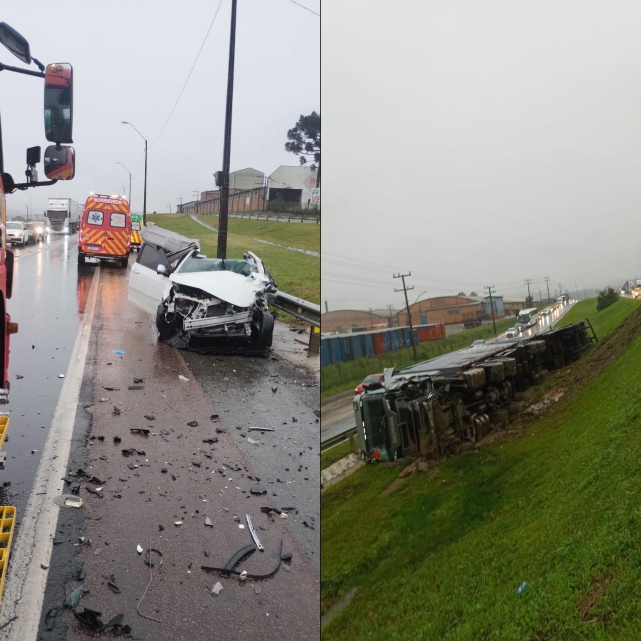 Colisão entre caminhão e Corolla deixa mulher ferida na BR-116, em Mafra
