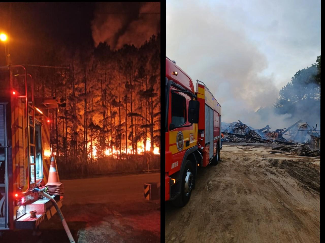 Incêndio de grandes proporções destrói parte de empresa de pellets em Benedito Novo