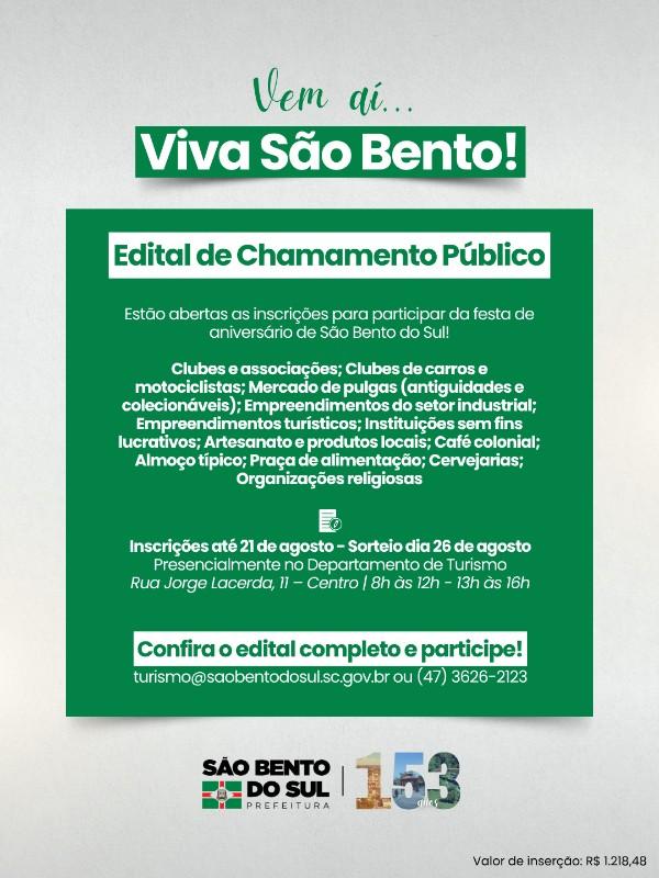 Inscrições para o 2º Viva São Bento são  prorrogadas até 21 de  agosto