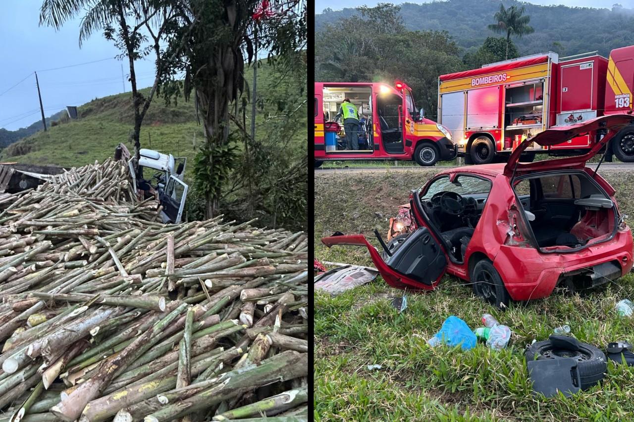 Jovem fica ferido após colisão entre carro e caminhão carregado com madeira em Garuva