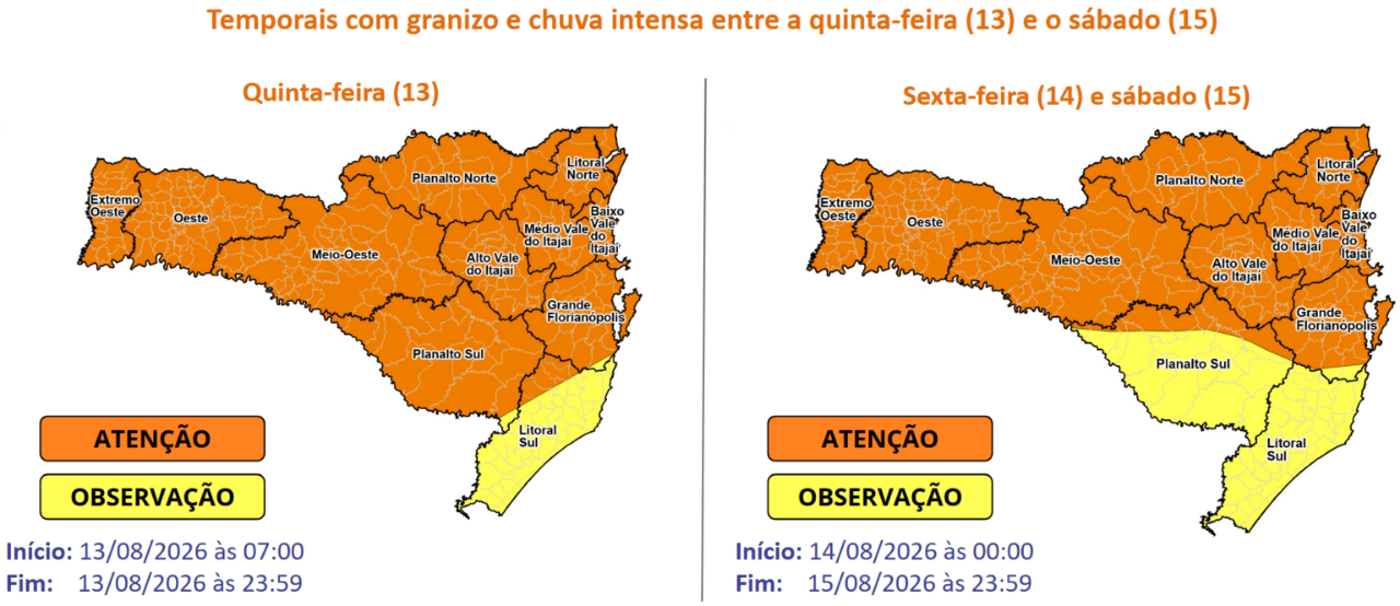 Santa Catarina entra em alerta para temporais e risco de tempo severo entre quinta e sábado