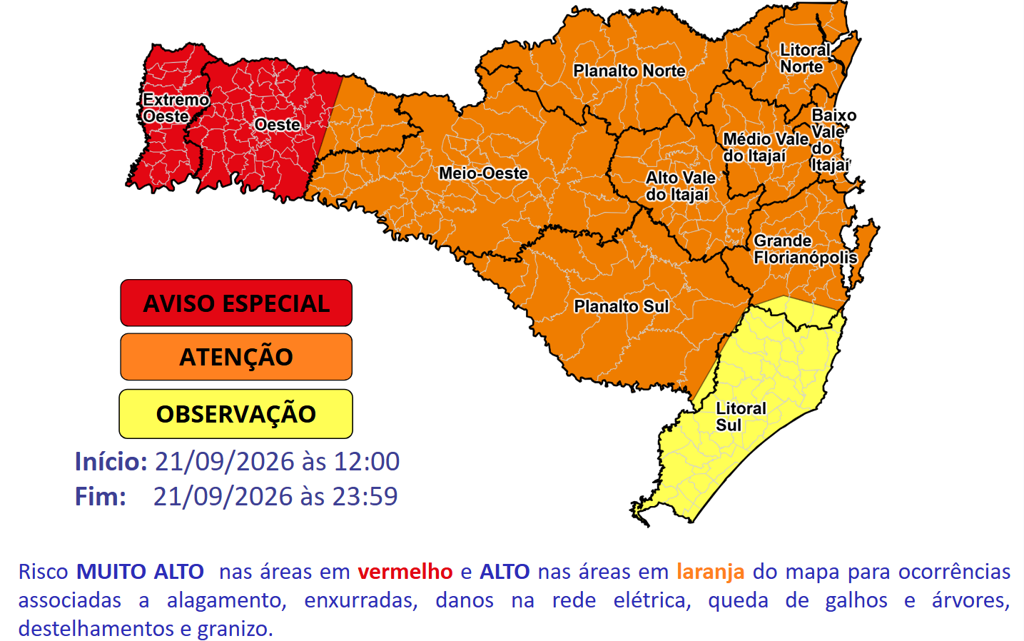 Alerta de Temporais nessa segunda-feira (21) para todo estado de Santa Catarina 