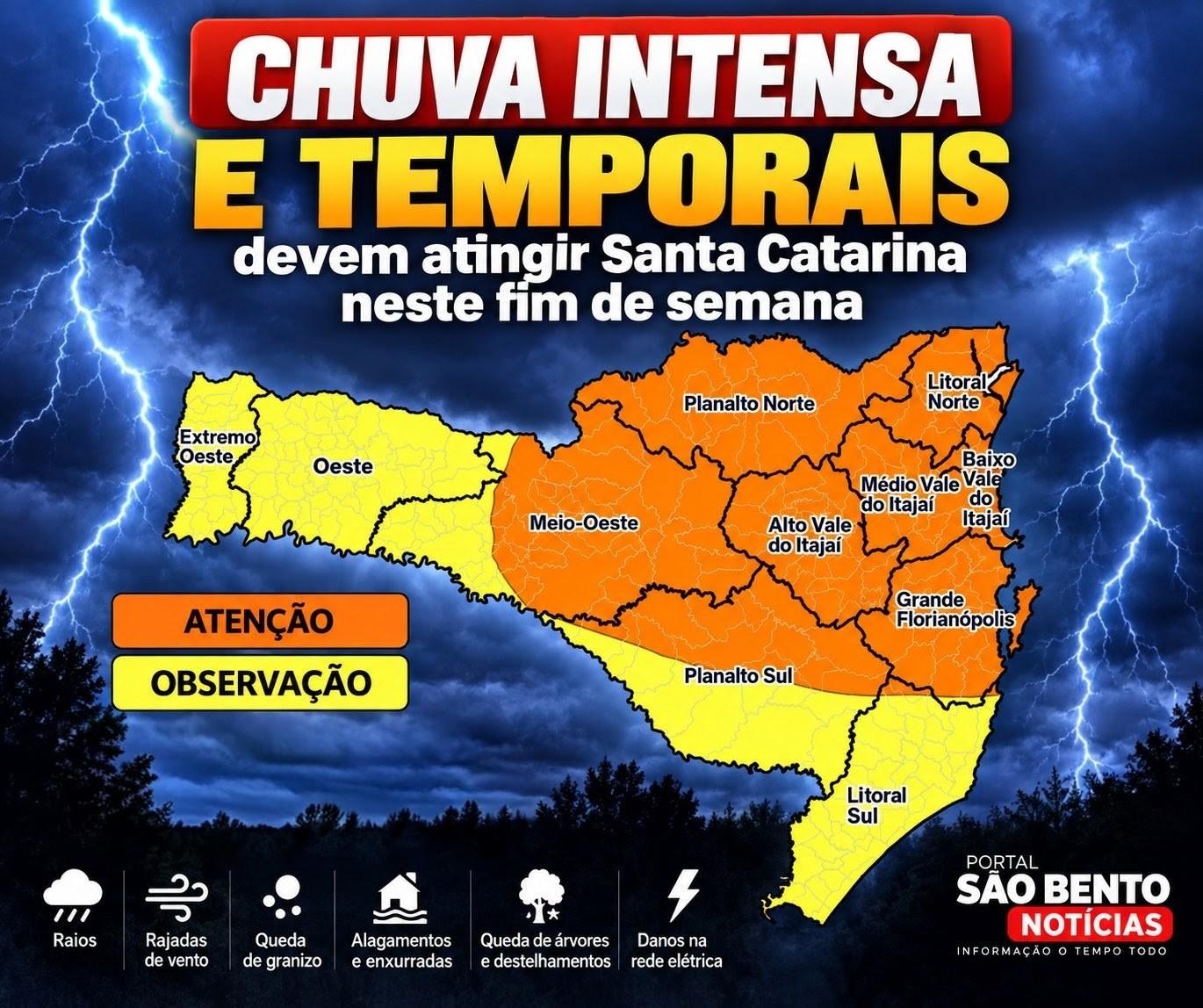 Chuva intensa e temporais devem atingir Santa Catarina neste fim de semana