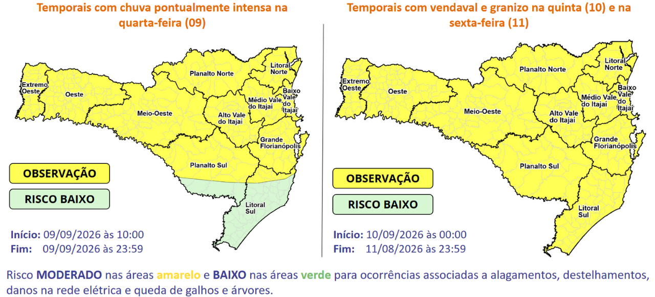 SC terá temporais, granizo e ventos fortes entre quarta e sexta-feira