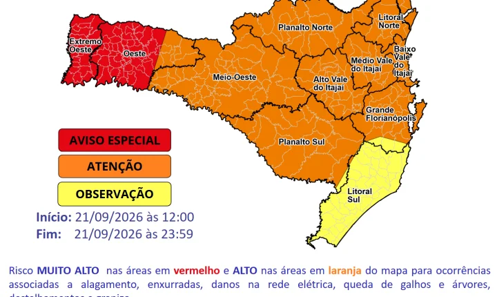 Alerta de Temporais nessa segunda-feira (21) para todo estado de Santa Catarina 