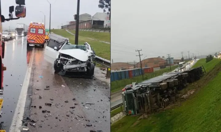 Colisão entre caminhão e Corolla deixa mulher ferida na BR-116, em Mafra