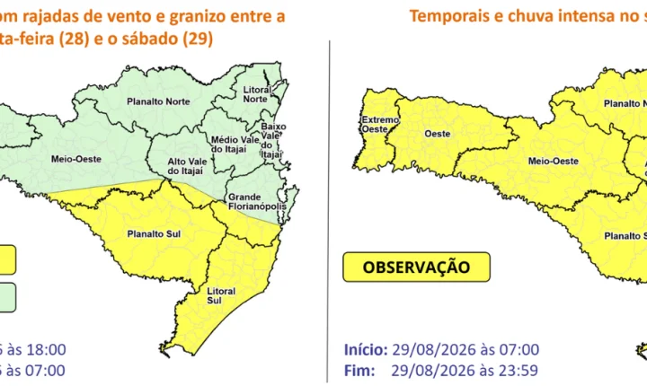 Defesa Civil alerta para temporais, granizo e ventos fortes em Santa Catarina