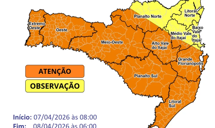 Frente fria avança por SC e traz risco de temporais severos com ventos de até 80 km/h